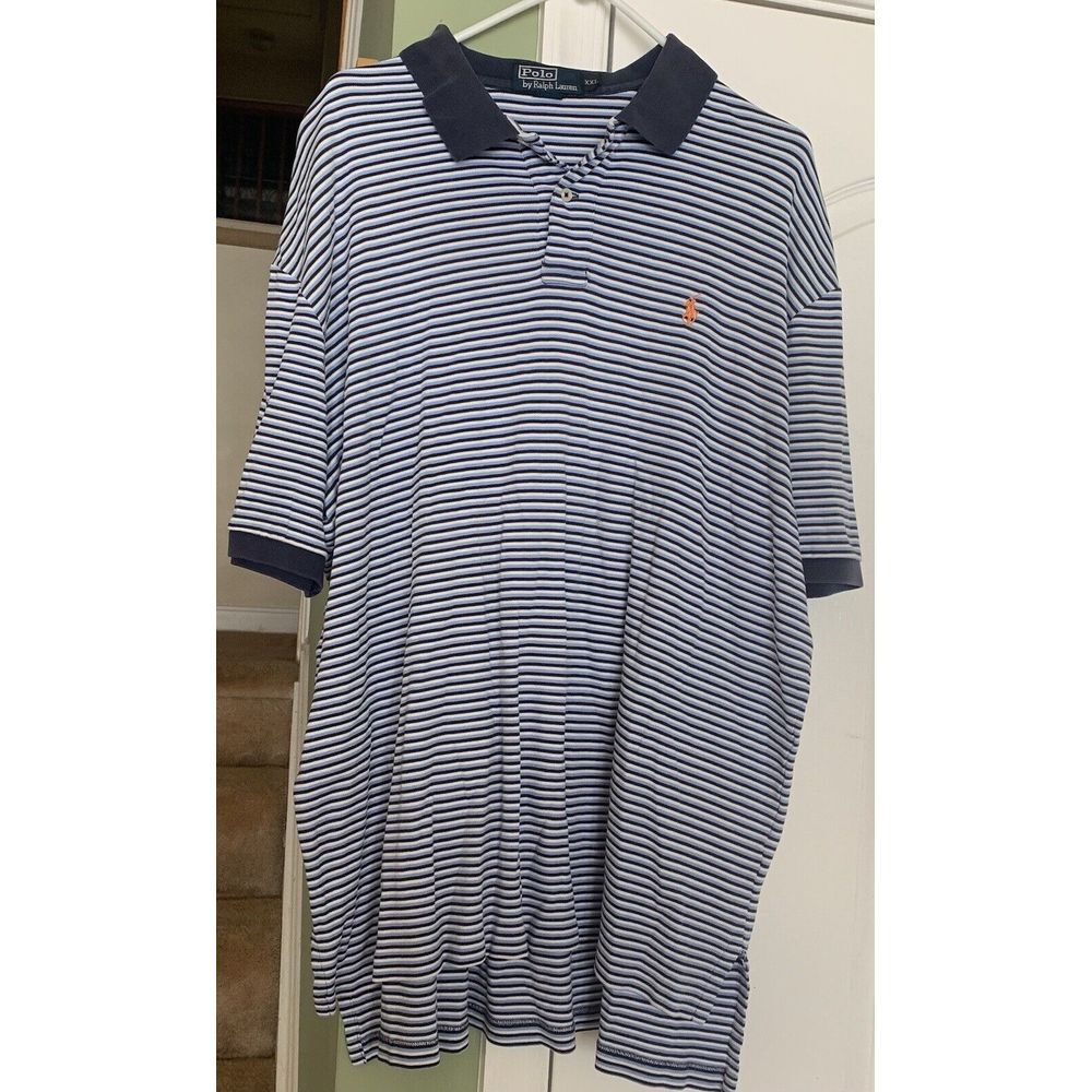 Ralph Lauren Polo Shirt Men's 2XL Navy, Light Blue & White Striped 100% Cotton